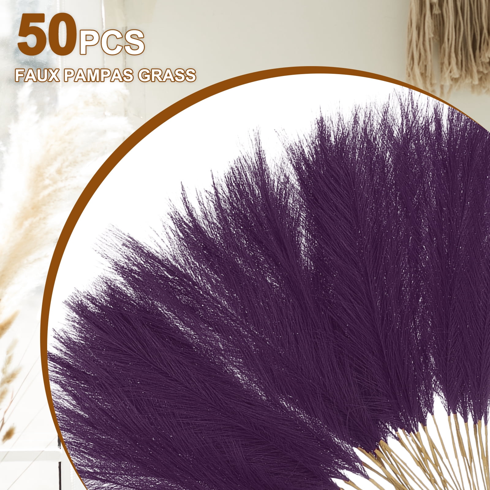 Uxcell 50 Pcs Faux Pampas Grass 52cm/20.5" Artificial Fake Dried Pampas Grass Decor with Stem for Floor Vase Filler, Home Decoration, Dark Purple