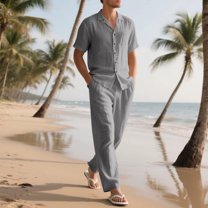 Awdenio Men Two Piece Outfits Sets. Solid Color Casual Fashion Flip Collar Short Sleeve Linen Shirt Drawstring Waist Long Pants Beach Sets