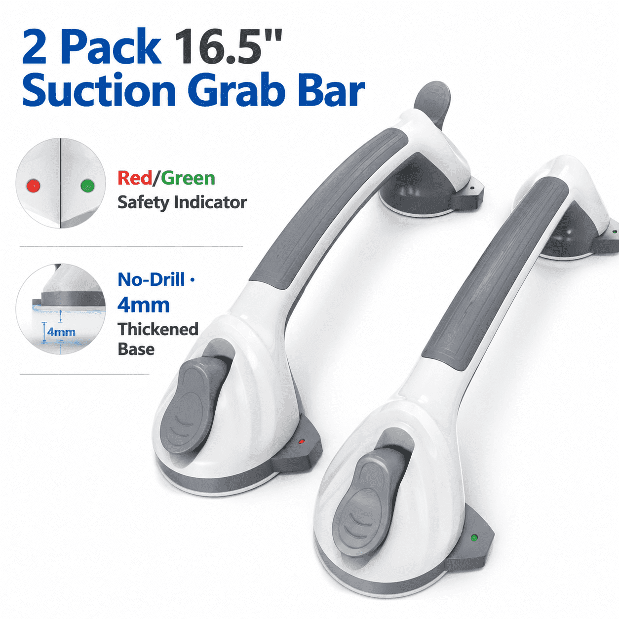 Ziqi Wang 2-Pack Suction Grab Bars for Shower, No-Drill Non-Slip Bathroom Safety Handles with Red/Green Indicator, 16.5"
