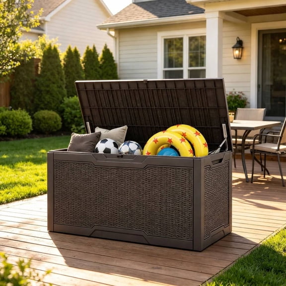 Uforic 100 Gallon Resin Deck Box, Weather Resistant Lockable Outdoor Storage Box for Patio Supplies and Daily Essentials, Dark Brown