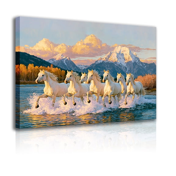 A canvas mural of seven majestic white horses galloping across mountains and rivers, depicting wild horses and rural animals. Suitable for decorating offices, living rooms, and studies. Framed.