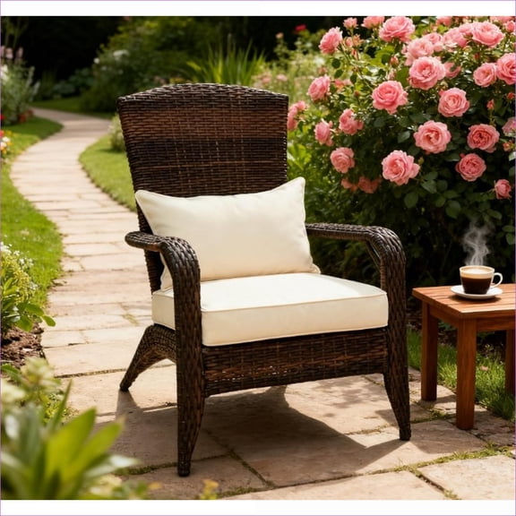 Outdoor Patio Rattan Chair, Soft Cushion Tall Curved Backrest, for Porch Patio Pool, Tan Brown Wicker Cream Cushion | Rattan | Solid Back
