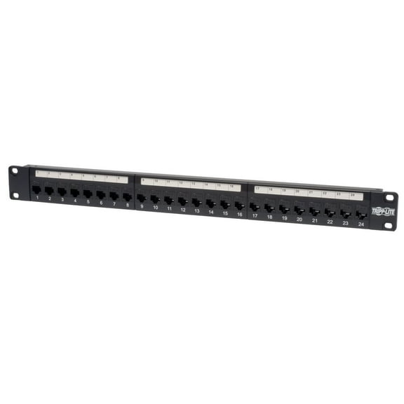 24-Port 1U Rack-Mount Cat5e/6 Offset Feed-Through Patch Panel with Cable Management Bar, RJ45 Ethernet, TAA