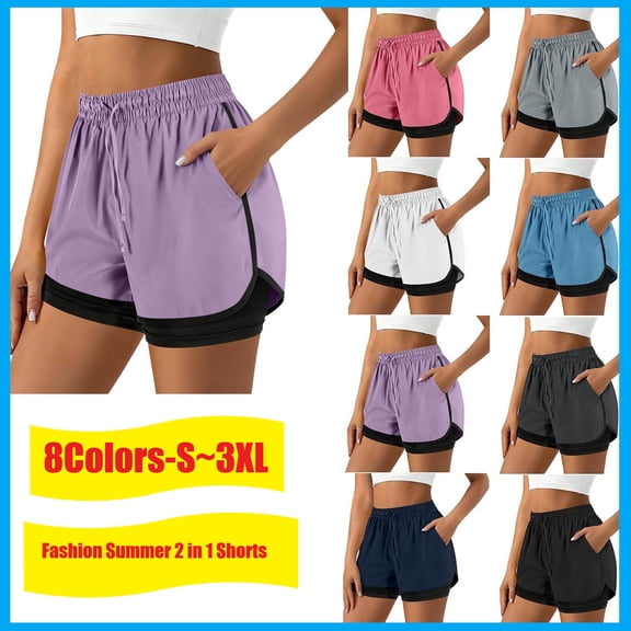 ZHYou 2 in 1 Shorts for Women High Waist Drawstring Baggy Workout Athletic Running Shorts with Liner Pocket,Purple,Size L