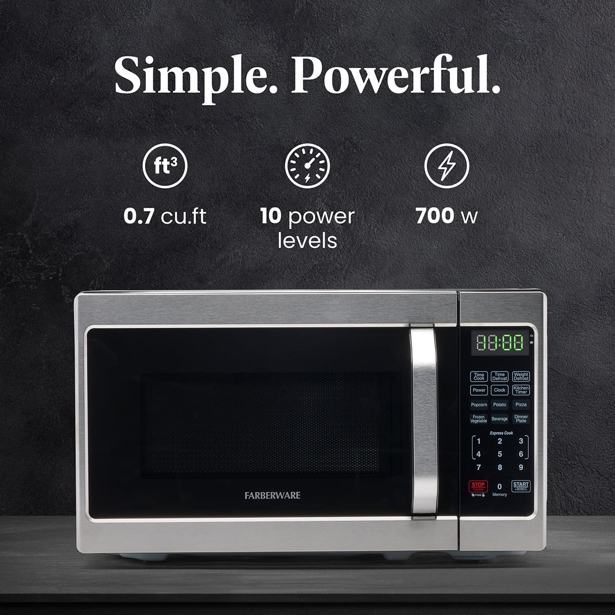 Farberware 0.7 cu ft Microwave Oven, 700W Countertop Microwave Oven with Digital Display, Brushed Stainless