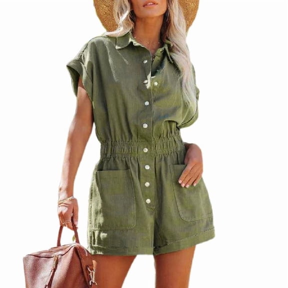 Utility Romper Shorts Button Down Rompers For Women Summer Short Sleeve Jumpsuit