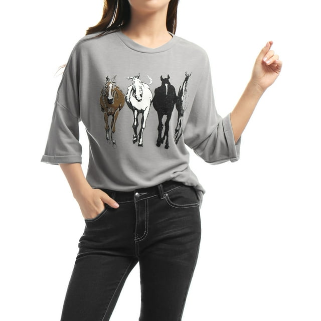 INSPIRE CHIC Woman's Drop Shoulder 3/4 Sleeves Horse Print Loose Tops