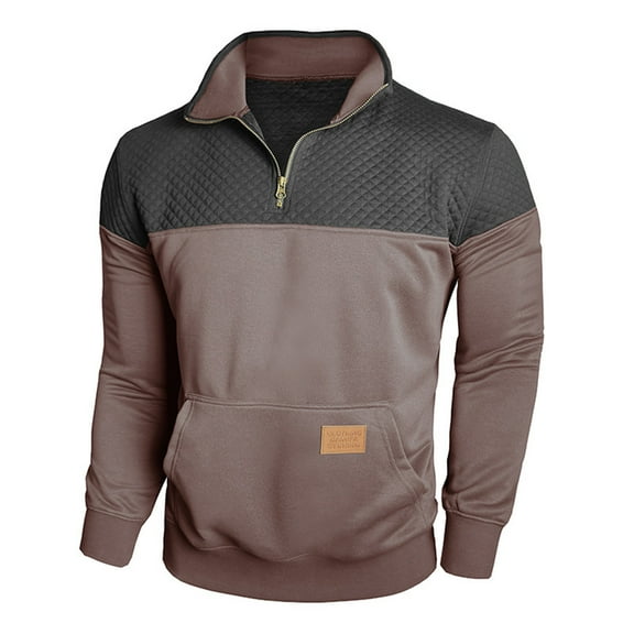 YLSDY Men's Quarter Zip Pullover Quilted Sweatshirt Pullover Long Sleeve Stand Collar Sweater Color Block Sweatshirt Brown S