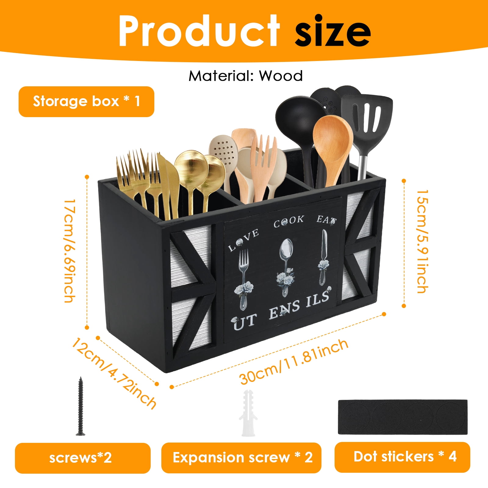 Tzdxfgl Wood Kitchen Utensil Holder, Silverware Organizer with 3 Compartments for Countertop, Black Wood Utensil Caddy for Farmhouse Kitchen Decor