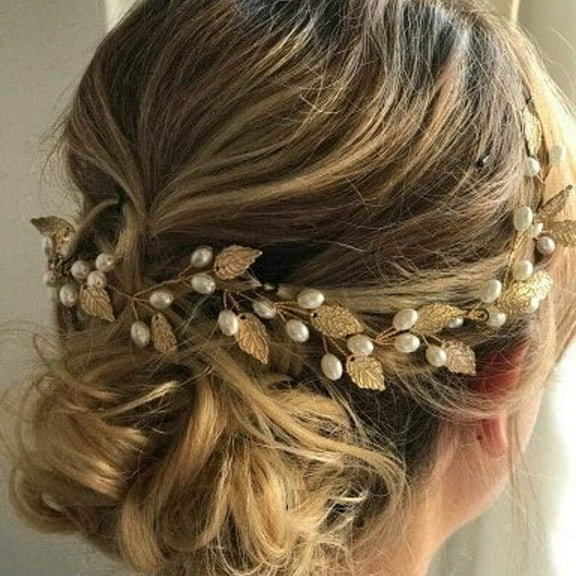 Wedding Leaf Hair Vine Bridal Pearl Headpiece Headbands Gold Hair Accessories for Brides and Bridesmaids(15.75inches) (Gold)