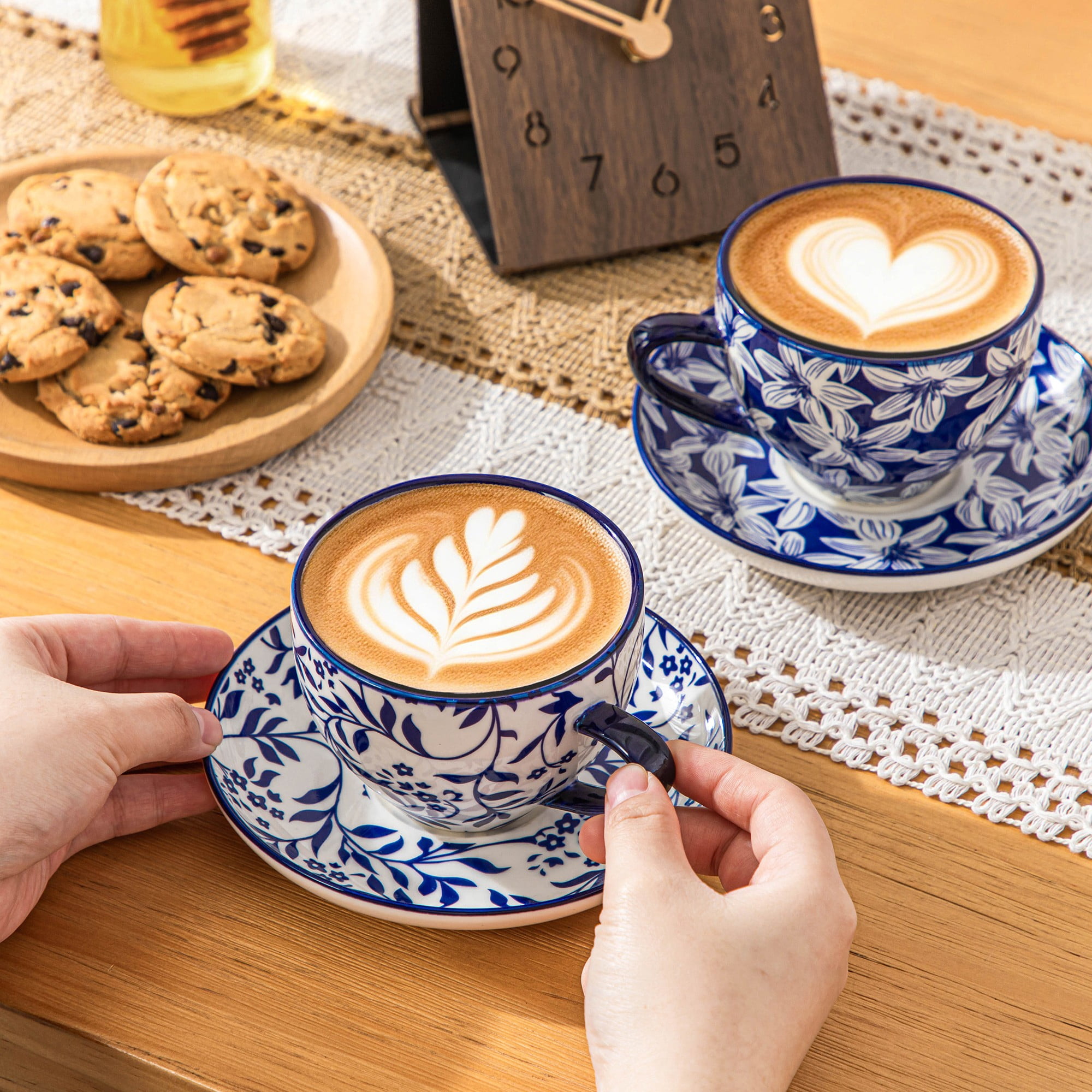 MALACASA 8 oz Coffee Mugs Set with Saucers , Ceramic Cappuccino Cups Set of 4, Latte Mugs with Beautiful Glaze for Tea, Espresso, Latte, Dishwasher Safe