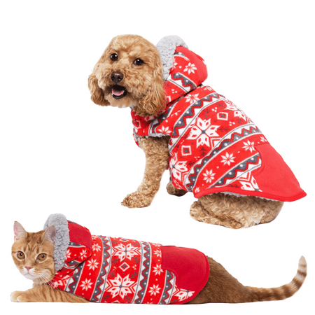 Vibrant Life Dog Clothes: Red Snowflake Fleece Hoodie  Size L