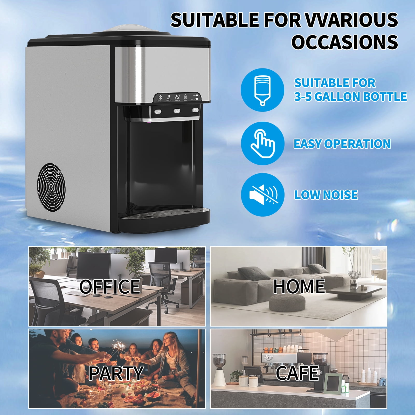 TABU 3 in 1 Water Dispenser with Ice Maker, 44 LBS/24H,Cold/Hot Temperature,Child Safety Lock,Black