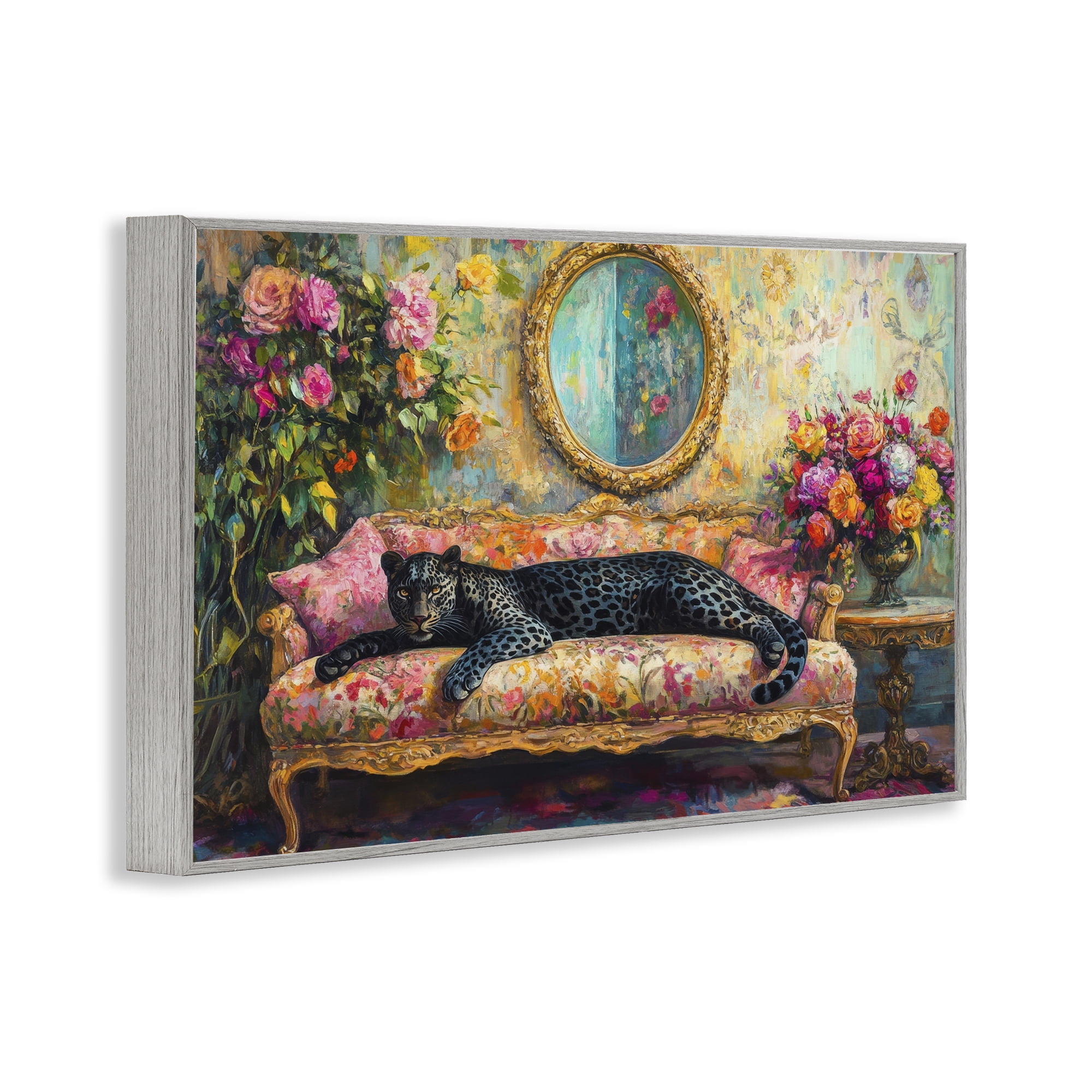Stupell Industries Lounging Leopard on Floral Sofa Gray Framed Giclee Art, design by Petal Prints Design