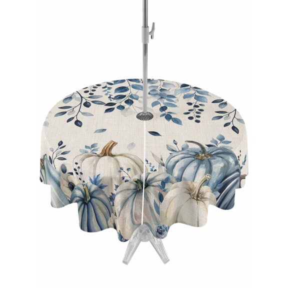 Outdoor Tablecloth with Umbrella Hole and Zipper, Vintage Fall Blue Round Table Cloth 60 Inch Waterproof Tablecloth, Thanksgiving Botanical Pumpkins Rustic Picnic Table Cover for Patio Camping