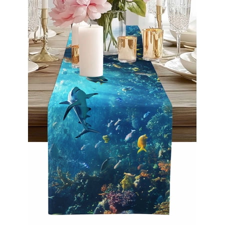 Table Runner Ocean Seabed Table Runners Coral Shark Fish Cotton Linen Dresser Scarf Kitchen Dining Table Decor for Home Dinner Party Decor 13x36 Inch
