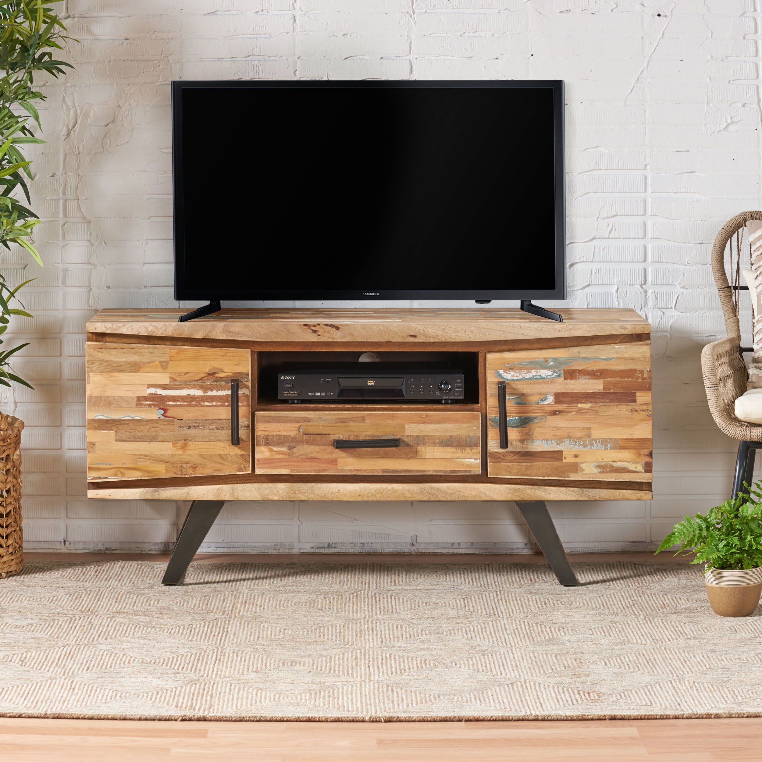 Noble House Desta Handcrafted Boho Reclaimed Wood Tv Stand Natural And Black Walmart Com Walmart Com