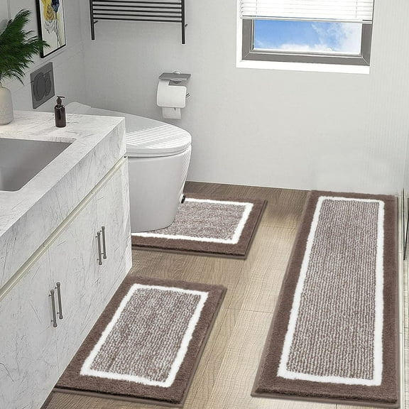 Findosom 3pcs Bathroom Rug Set with Contour Toilet Mat Non-Slip Plush Shaggy Bath Mats Super Absorbent Microfiber Bath Rugs Washable Shower Rugs for Bathroom,Tub,Toilet 18"x26" 18"x48" U20"x24"