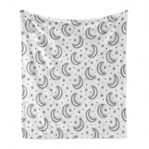 Moon Soft Flannel Fleece Throw Blanket, Design Dotwork Art Drawn Crescent Phase and Stars Image, Cozy Plush for Indoor and Outdoor Use, 50" x 60", Charcoal Grey and White, by Ambesonne