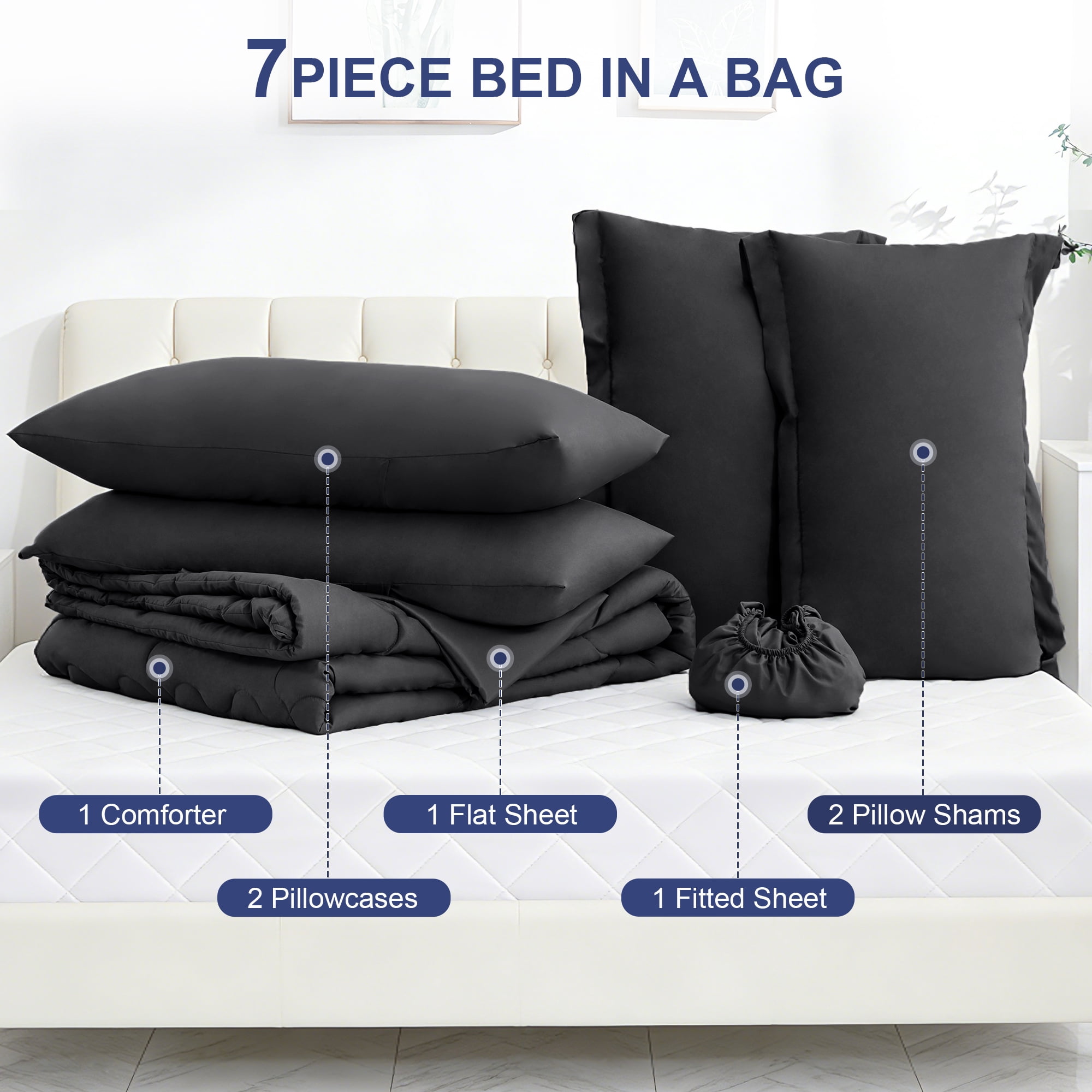 BDEUS 7 Pieces Comforter Set Full，Bed in A bag，All Seasons Bedding sets with Comforter,Fitted Sheet,Flat Sheet,Pillowcases & Shames，Black