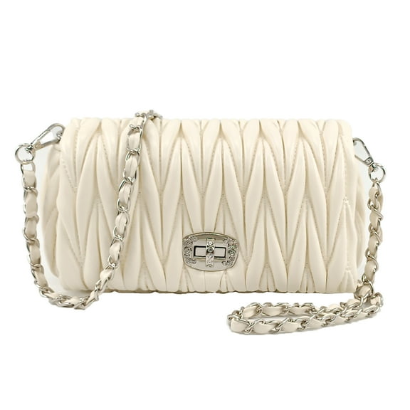 PORT&LOTUS White Purse Quilted Crossbody Bags for Women Trendy with Silver Chain Strap Small Shoulder Purses with Woven Hand Carry Strap Clutch Purses for Women Ladies Evening Bag Party Handbags