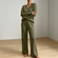 thumbnail image 3 of Women's 2 Piece Loungewear Outfits Ribbed Knit V Neck Long Sleeve Top and Wide Leg Pants Sets Soft Warm Fall Winter Casual Tracksuit Army Green, 3 of 7