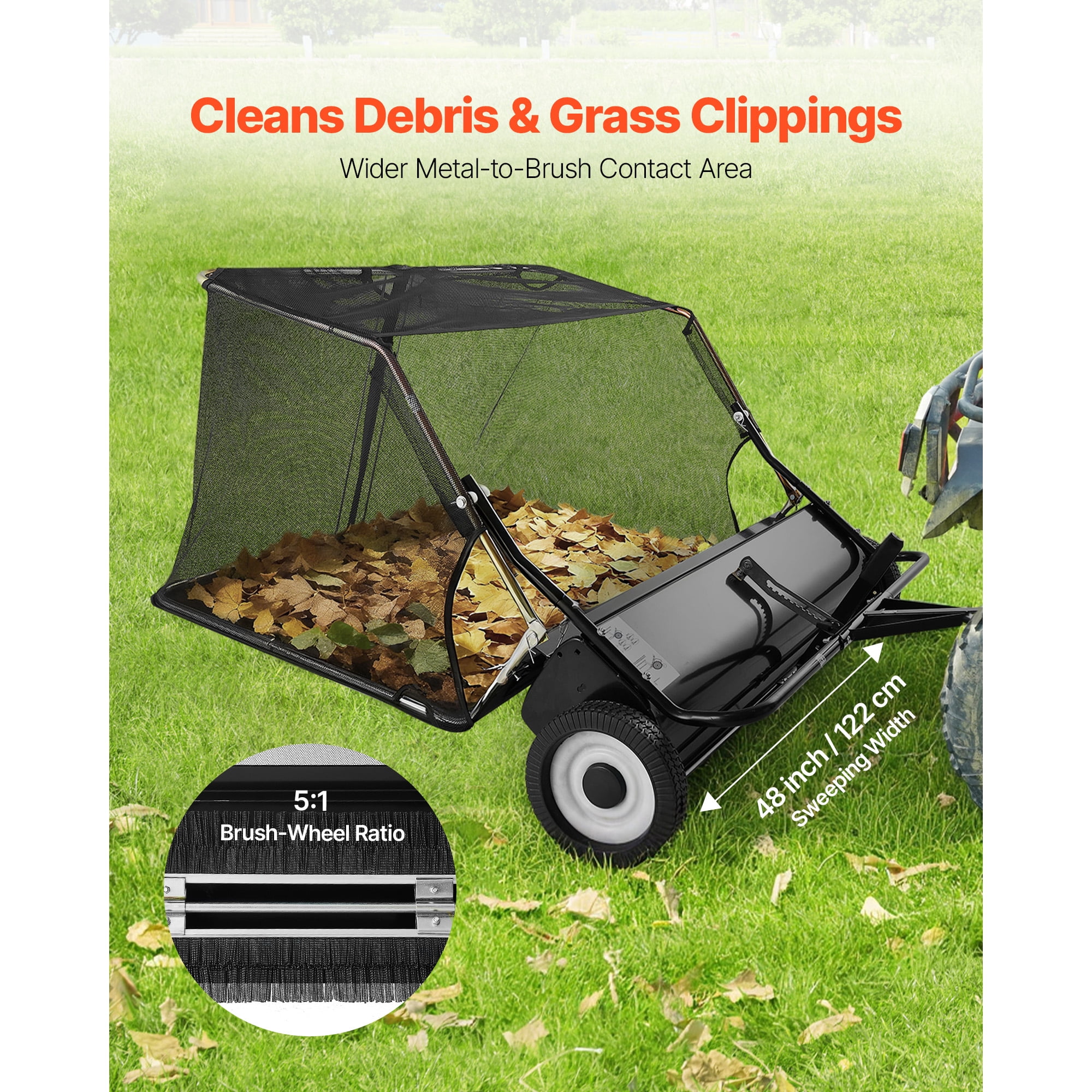 KFFKFF 48-Inch Tow-Behind Lawn Sweeper, 26 cu. ft Hopper Capacity, Yard and Garden Debris Collector with Dump Rope, Adjustable Height for Grass and Leaf Cleanup