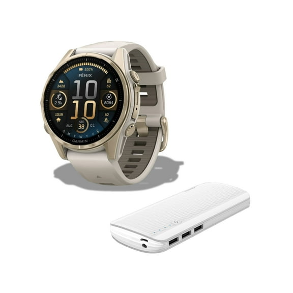 Garmin Fenix 8 43mm AMOLED Display GPS Smartwatch (Soft Gold and Fog Gray-Dark Sandstone) Bundle with Power Bank (2 Items)