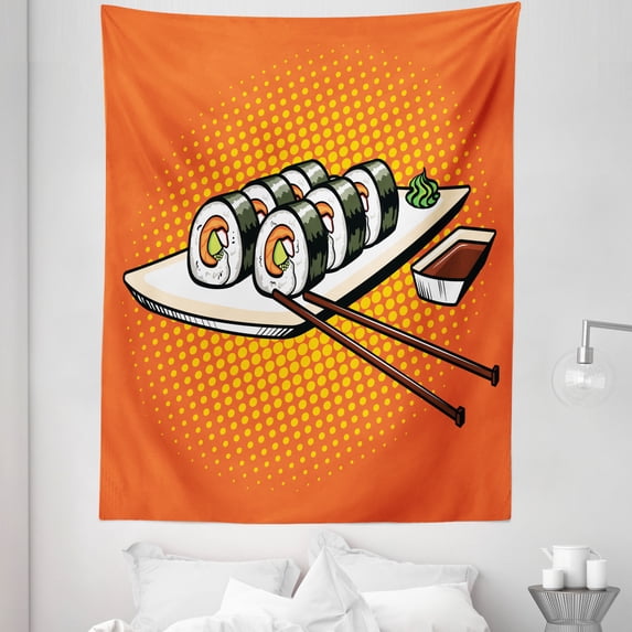 Sushi Tapestry, Japanese Dish Served on Plate with Wasabi Image Comic Book Style Halftone Backdrop, Fabric Wall Hanging Decor for Bedroom Living Room Dorm, 5 Sizes, Multicolor, by Ambesonne