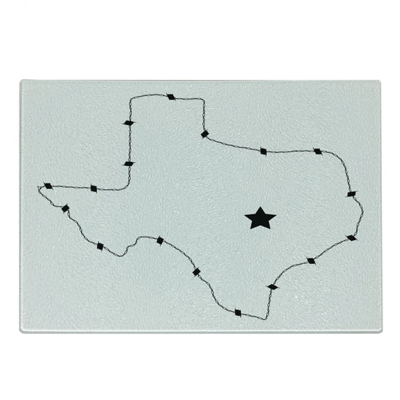 Texas Star Cutting Board, USA State Map with Barbed Wire Pattern Monochrome Border Control Image, Decorative Tempered Glass Cutting and Serving Board, Small Size, Black and White, by Ambesonne
