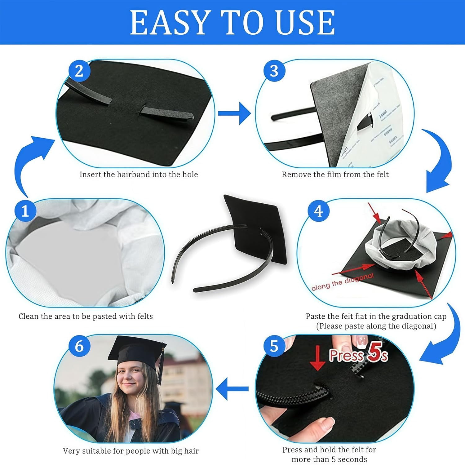 Graduation Cap Headband Insert, Grad Caps Headband Insert, Adjustable, Secures Cap and Keeps Hairstyle, Upgraded Interior Design, Simple and Practical Anti-Fall Hairband for Graduation(1PCS)