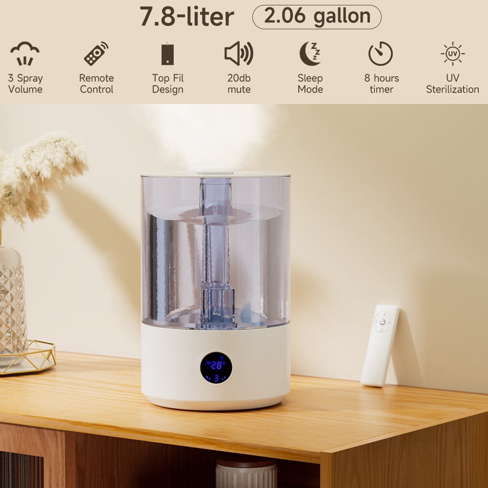 Humidifiers for Bedroom Large Room Home, 2.06 gallon 7.8L Cool Mist Top Fill Essen& Plants&Pet, Large capacity dual mist outlet With UV sterilization