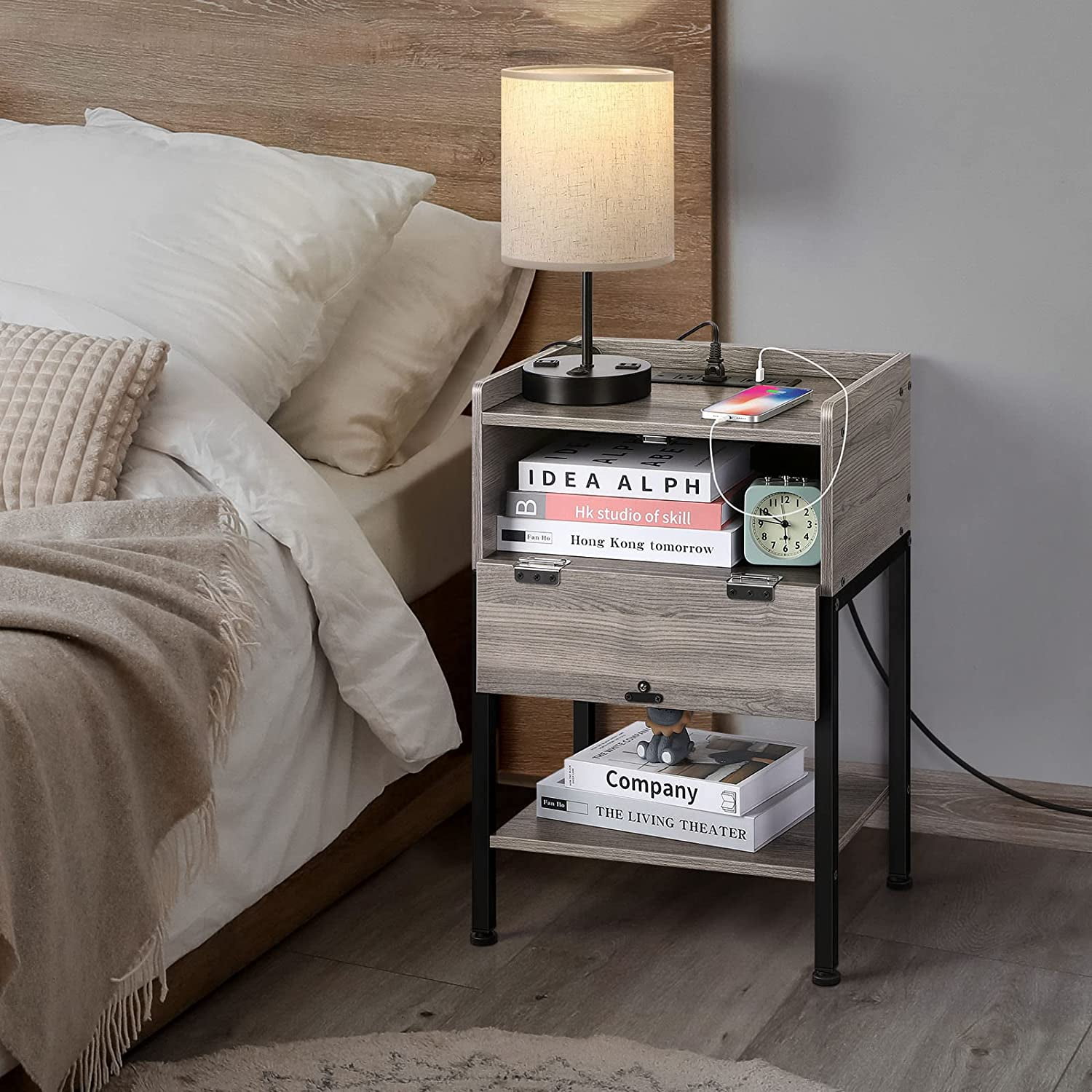 Wood Side Table with Charging Station Nightstand End Table with Storage Drawer, Gray