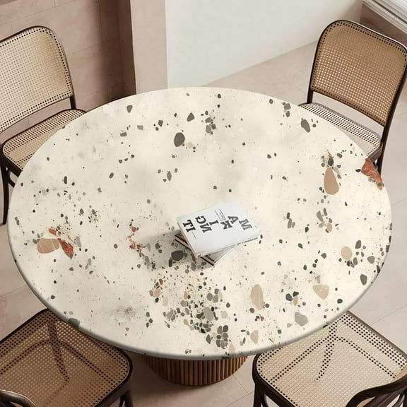 Marble Texture Round Fitted Tablecloth with Elastic Round Elastic Tablecloth 40"-44" Fitted Table Cover Waterproof Wipeable Circle Table Cloth for Outdoor Picnic