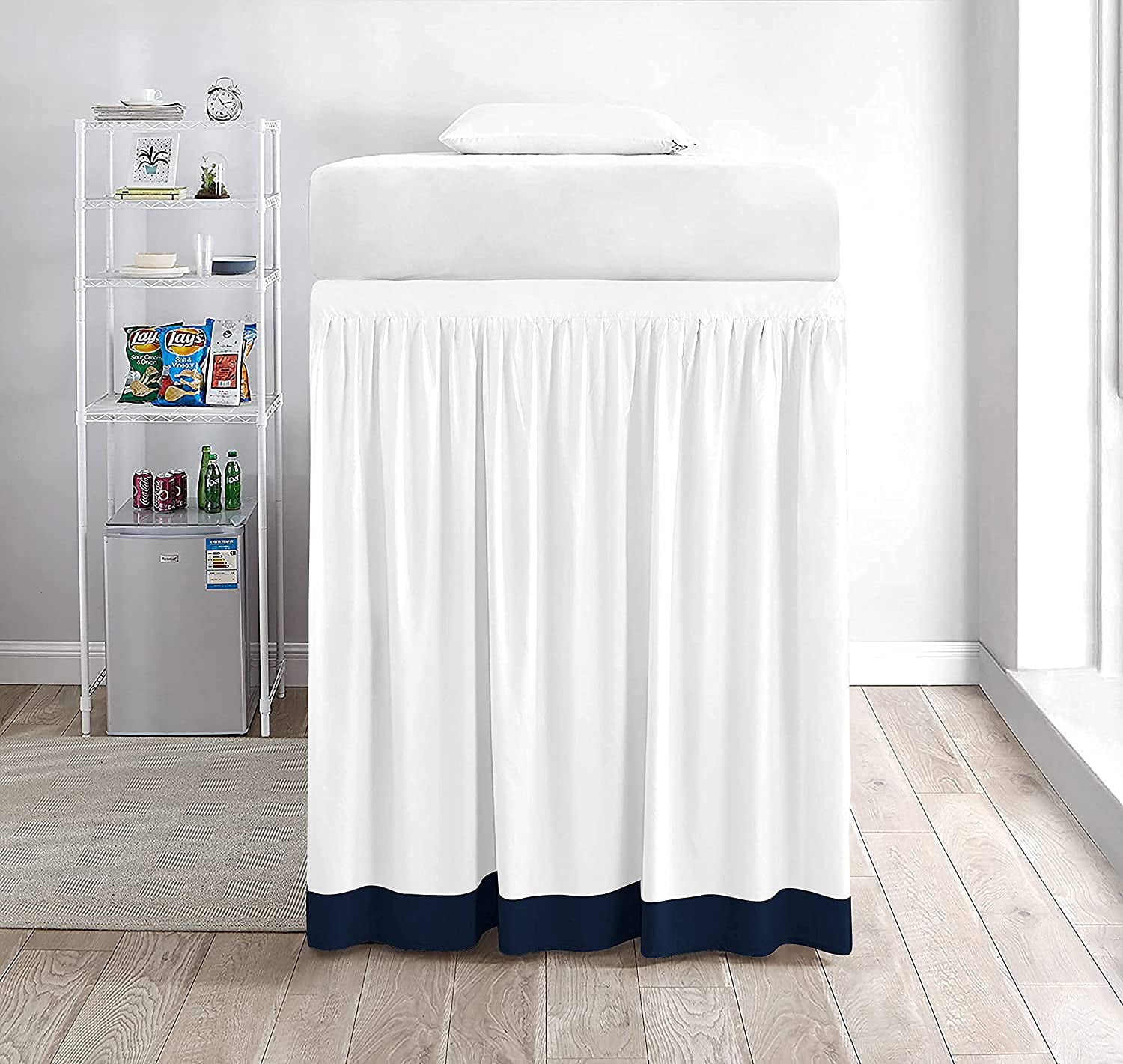Dual Tone Dorm Bed Skirt, Ruffled Dual Tone Dorm Size Bed Skirt - 100% Microfiber Fabric, Dual Tone Dorm Bed Skirt Twin XL Size College Dual Tone Dorm Bed Skirt 38" Drop - Navy Blue and White Solid.