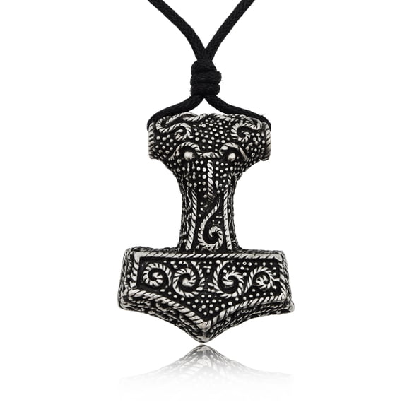 Thor's Hammer Silver Pewter Charm Necklace Pendant Jewelry With Cotton Cord