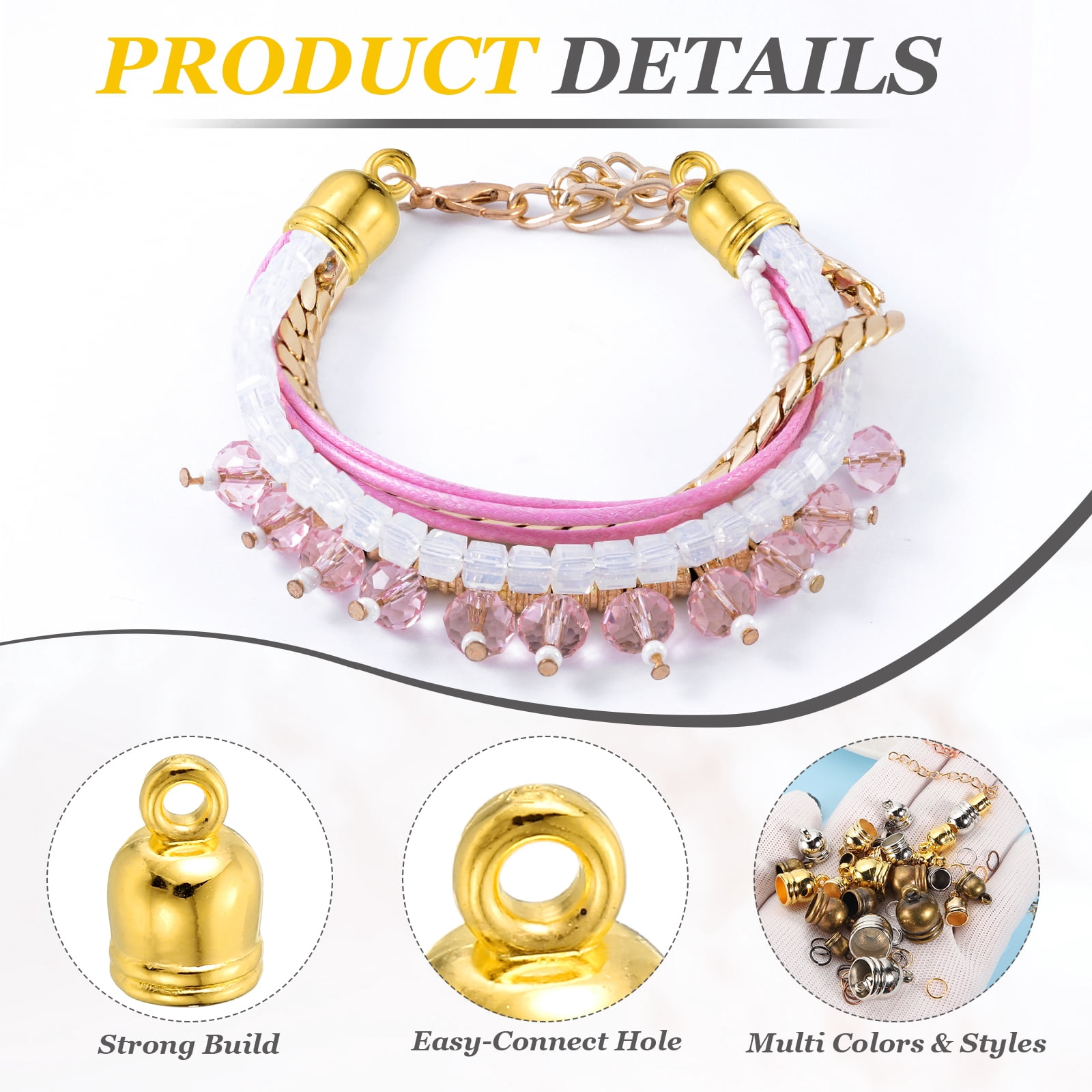 Uxcell 550Pcs Leather Cord End Caps, 4.8 to 11.8mm ID Tassel Barrel End Caps with Extender Chains and Jump Rings for Jewelry Making Findings DIY Bracelet Necklace, Mixed Colors Tone