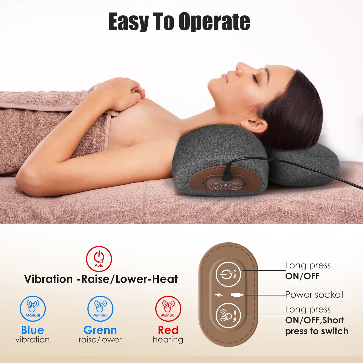 3-in-1 Neck Massager Pillow with Vibration, Airbag & Heating, Ergonomic Cervical Support for Pain Relief, Portable