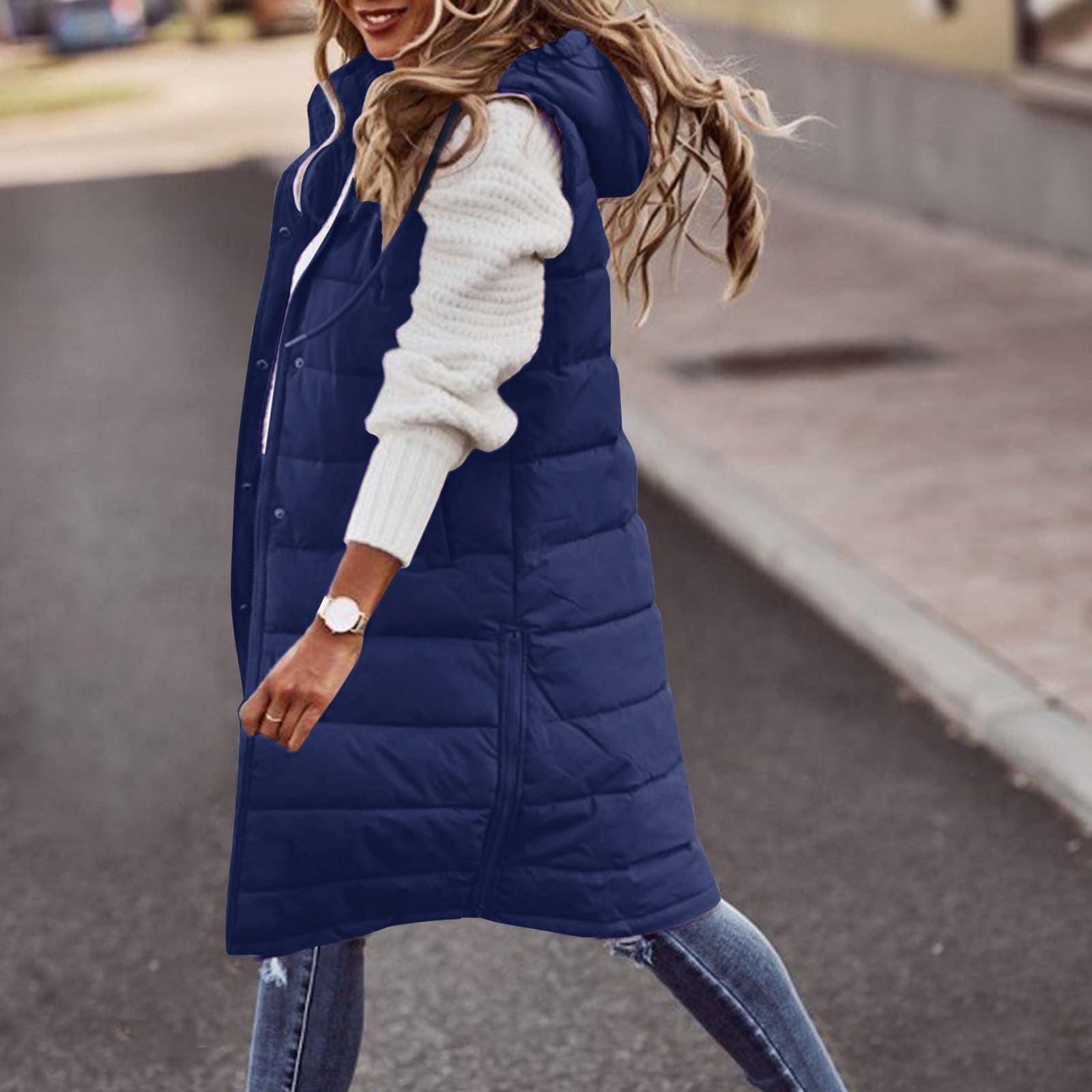 Womens Puffer Vest Sleeveless Hooded Long Quilted Vests Zip Up Lightweight Puffy Winter Jackets Gilet with Pockets