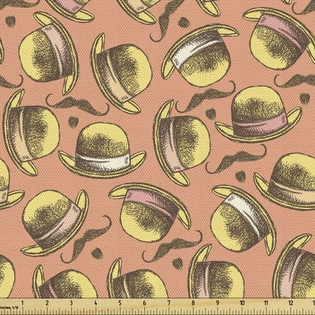 Sketch Fabric by the Yard Hats and Mustaches in Vintage Style Drawn...
