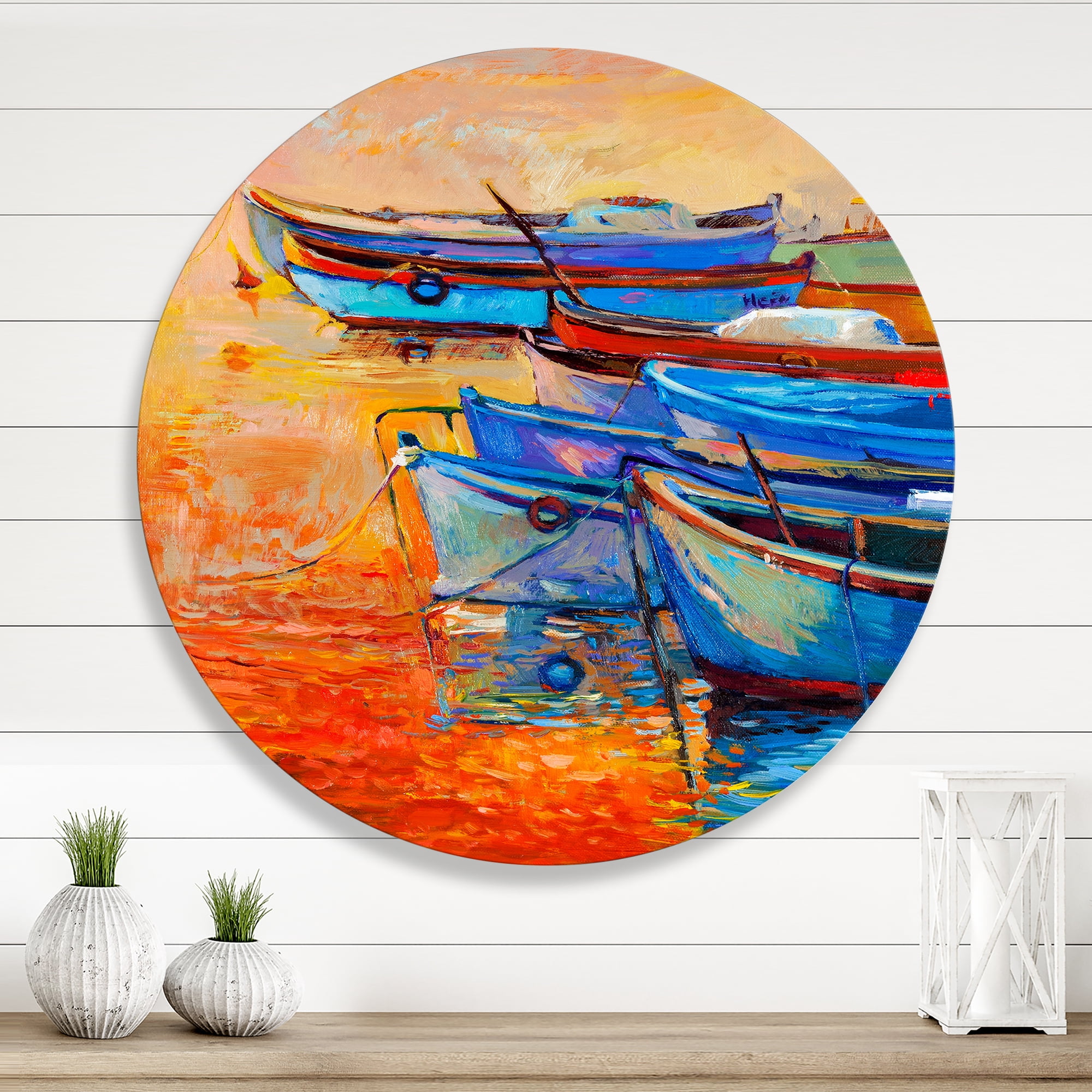 Designart 'Boats During Warm Sunset Resting On The Water VIII' Nautical & Coastal Circle Metal Wall Art 11x11 - Disc of 11