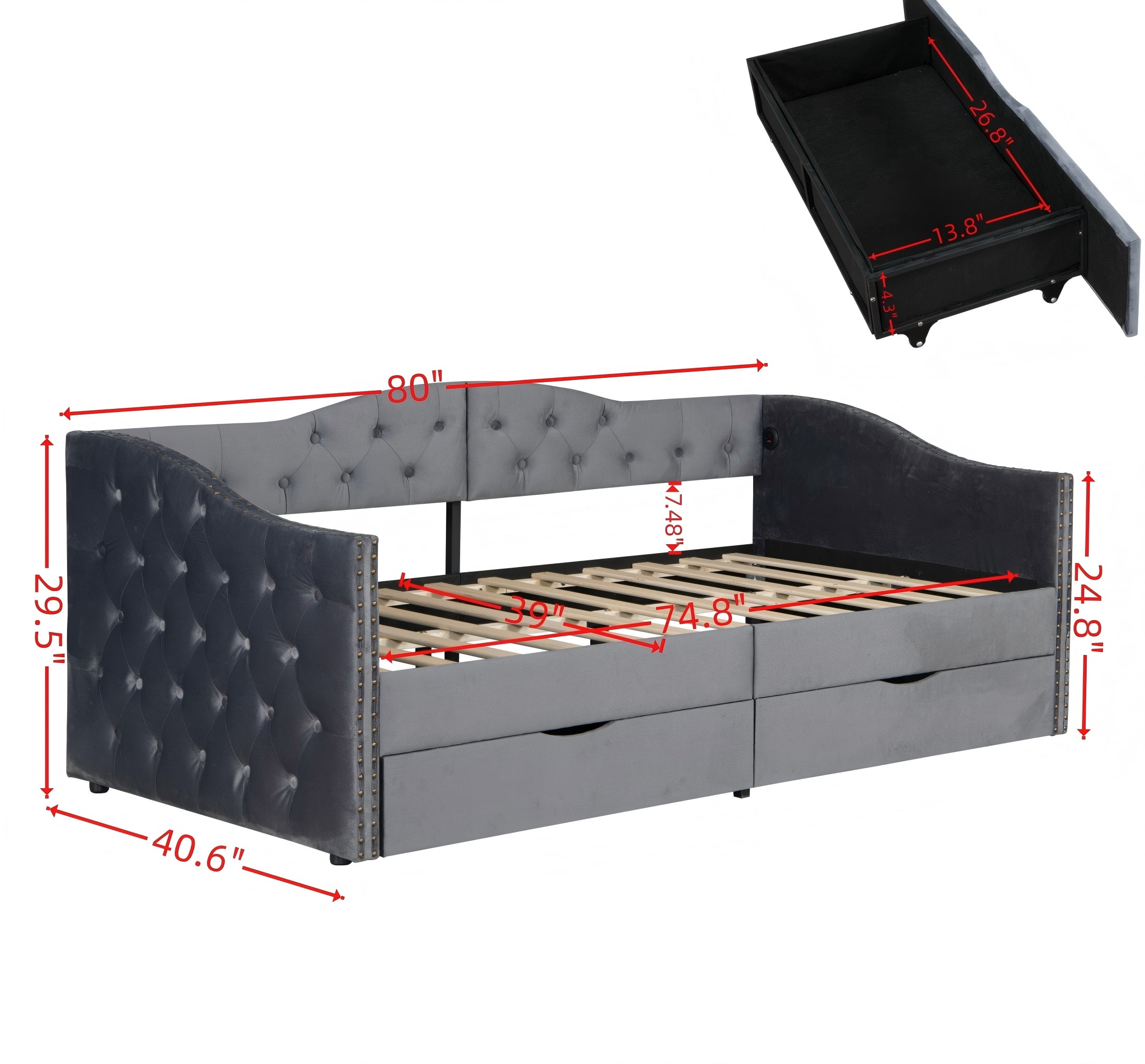 Aukfa Twin Size Upholstered Daybed with 2 Storage Drawers and Charging Station, Velvet Bed Frame with Button-Tufted & Nailhead Trim, Gray