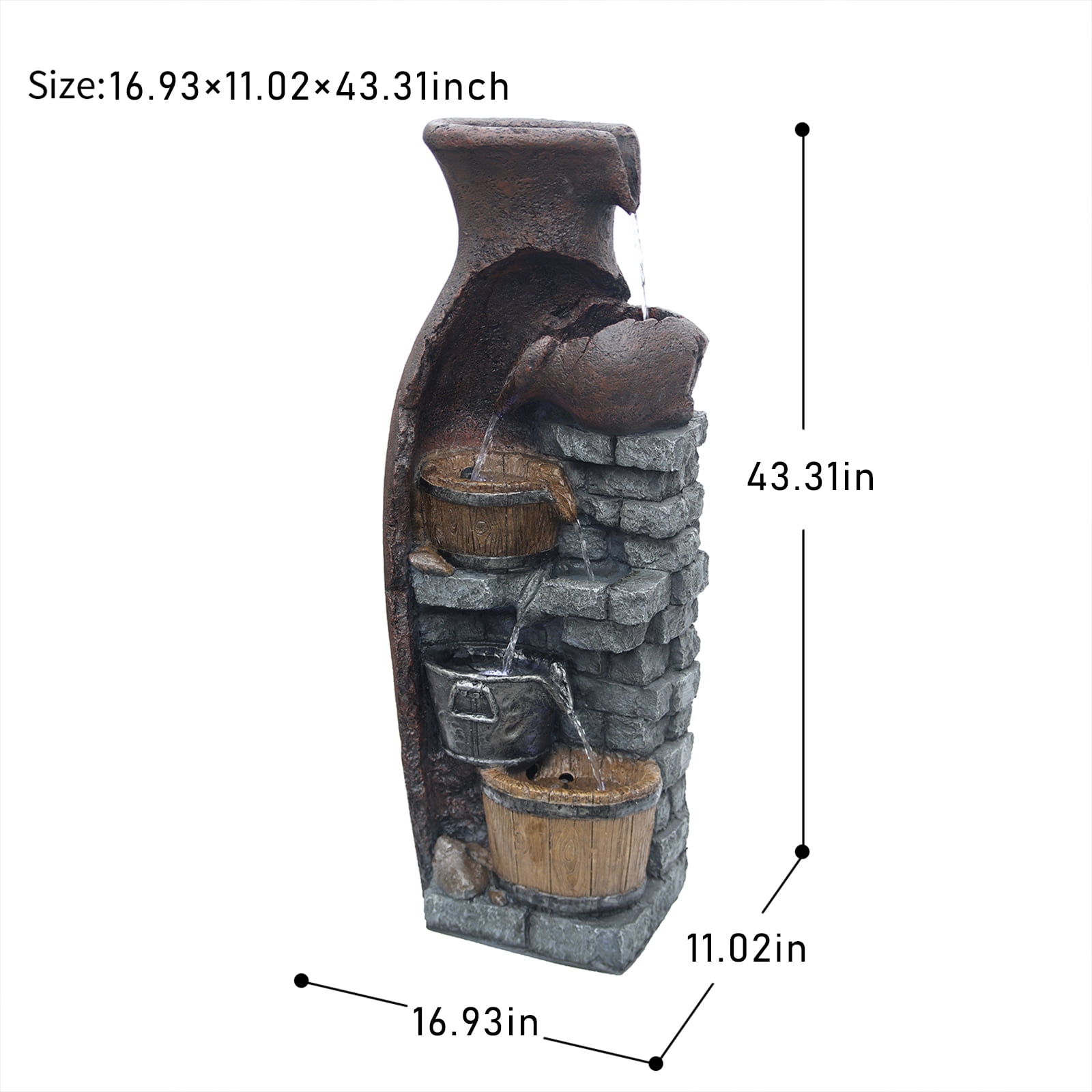 Retro Barrel Water Fountains Indoor 6-Tiered Cascading Waterfall Water Feature 43.31''H Garden Fountain Decor Outdoor with LED Lights and Pump for Lawn Porch Deck Patio