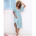 thumbnail image 4 of Vestido de verano AUSELILY para mujer, cuello en V, manga corta, midi azul, 4 of 6