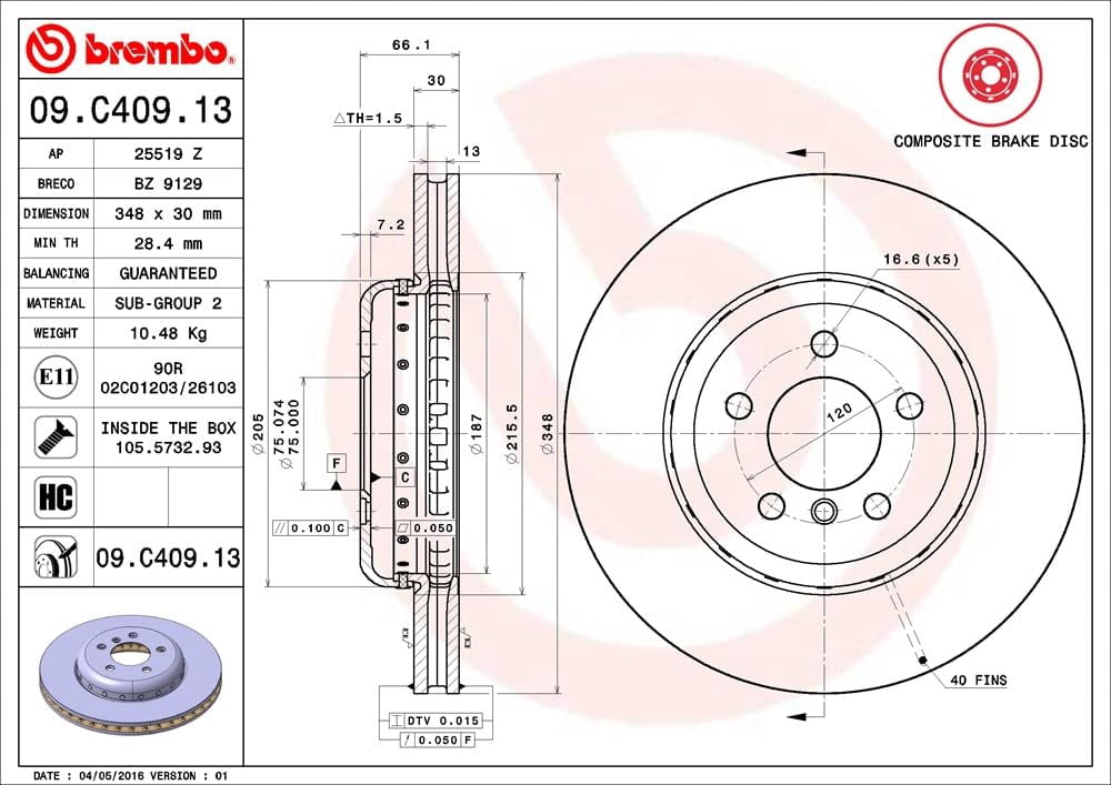 Brembo OE UV Coated Front Rotor for BMW 535d, 535i xDrive (Part #09.C409.13)