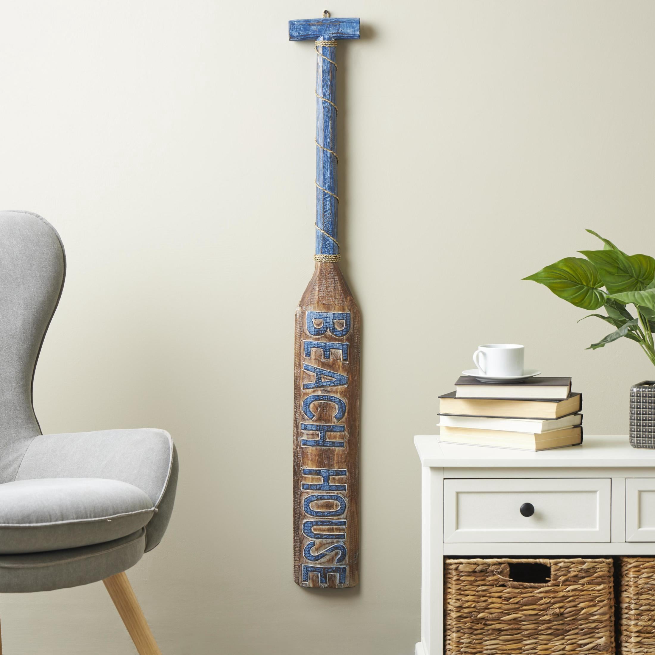 DecMode Brown Wood Beach House Sign Paddle Wall Decor with Blue Accents and Rope Detail