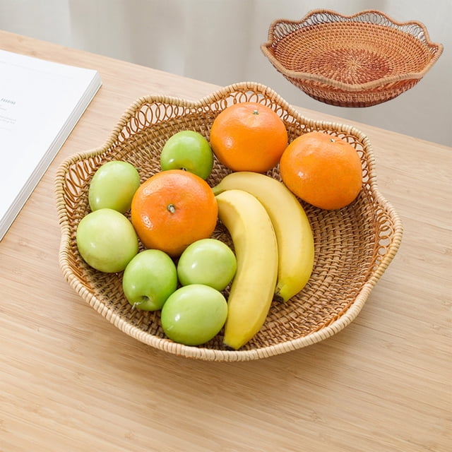 Rattan Round Fruit Baskets Wicker Storage Bowls Natural Woven Serving Basket Bowls Decorative Baskets For Kitchen Counter Organizing 9x9x2inch