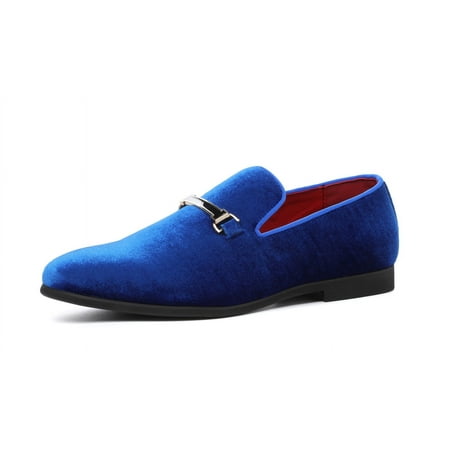 Santimon Mens Velvet Penny Loafers Slip-on Metal Buckle Casual Shoes Leather Dress Shoes Blue 12 US