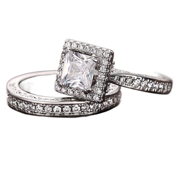 LINXIQIN 2pcs His and Hers Wedding Ring Sets Couples Engagement Rings Women and Men 925 Sterling Silver AAA Cubic Zirconia Geometric