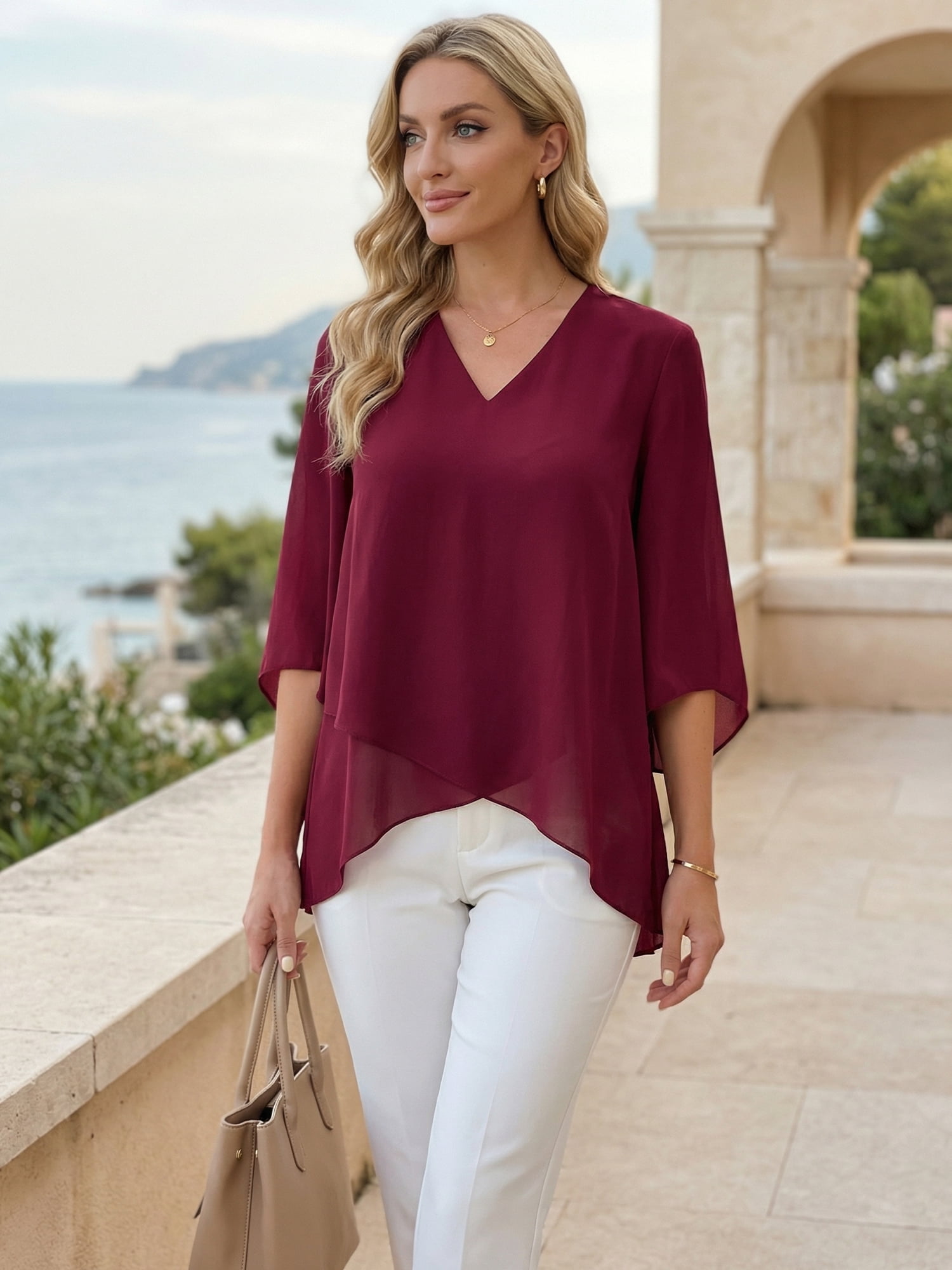 DARING DIVA Women's High Low Tops 3/4 Bell Sleeve V Neck Chiffon Blouse S Wine Red